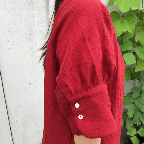 リネン / ロングカフス半袖ワンピース / 赤 （全3色） ワンピース