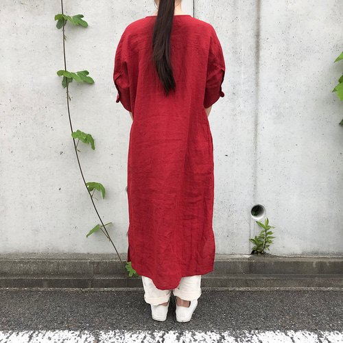 リネン / ロングカフス半袖ワンピース / 赤 （全3色） ワンピース