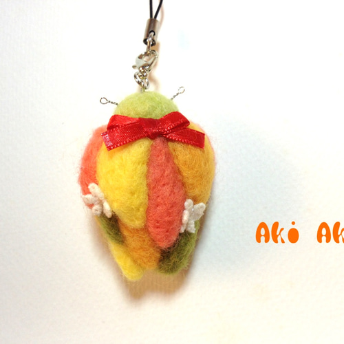 羊毛フェルト みのむしさん ｵﾚﾝｼﾞ ストラップ 羊毛フェルト Aki Ako