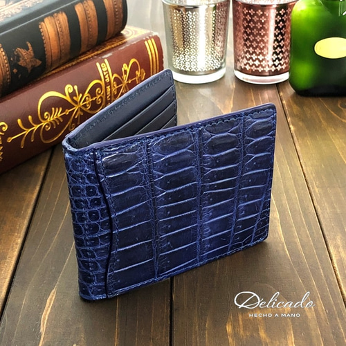 メメる。本革クロコダイルレザー　 マネークリップ 　ブルー サンキョウショウカイ 三京商会 クロコダイルレザー マネークリップ