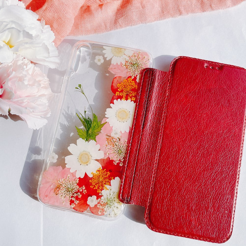 赤い花iPhoneXR/SE2/12mini/14/13Pro【手帳型スマホケース】押し花 