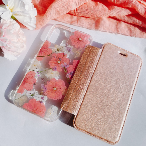 001♡ 押し花 ケース オーダー iPhone Android ピンクパール iPhone14Pro/SE2/12Pro/13【手帳型スマホケース
