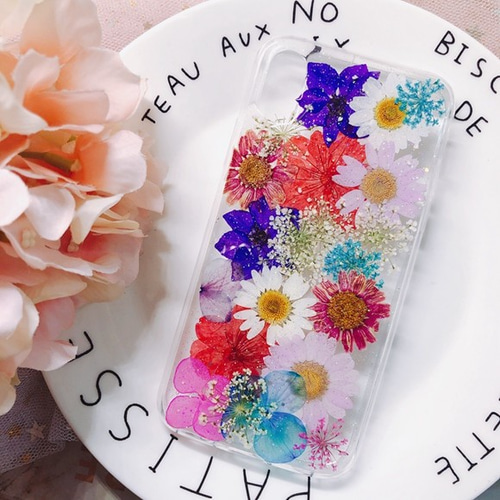 美しい小さな花 iPhoneケース 押し花ケース iPhone7/8 iPhoneX/Xs 