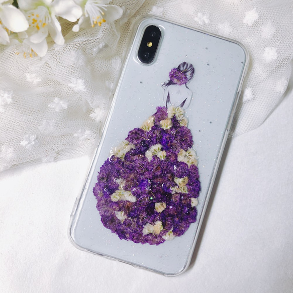 紫色花のドレス iPhone14Pro 押し花ケース iPhone13/12pro/14 SE3 XR 全機種対応 2枚目の画像