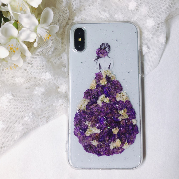 紫色花のドレス iPhone14Pro 押し花ケース iPhone13/12pro/14 SE3 XR 全機種対応 3枚目の画像