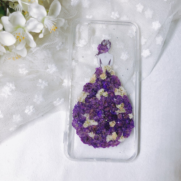 紫色花のドレス iPhone14Pro 押し花ケース iPhone13/12pro/14 SE3 XR 全機種対応 4枚目の画像