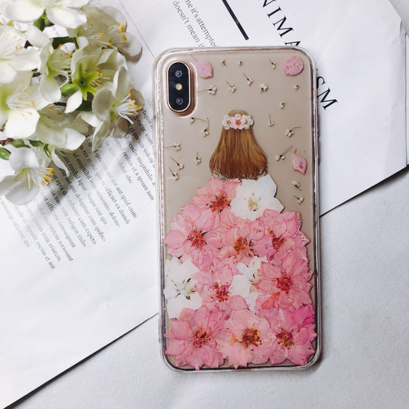 ピンクの花輪の女の子 iPhone15Pro 押し花ケース iPhone13/15/14 SE3 XS 全機種対応 4枚目の画像