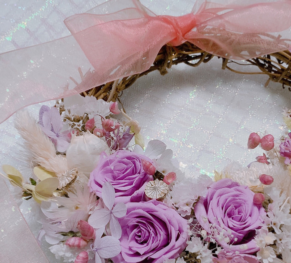 (完売）ブリザ・ドライの☆パープルピンクローズの三日月リース☆ 2枚目の画像