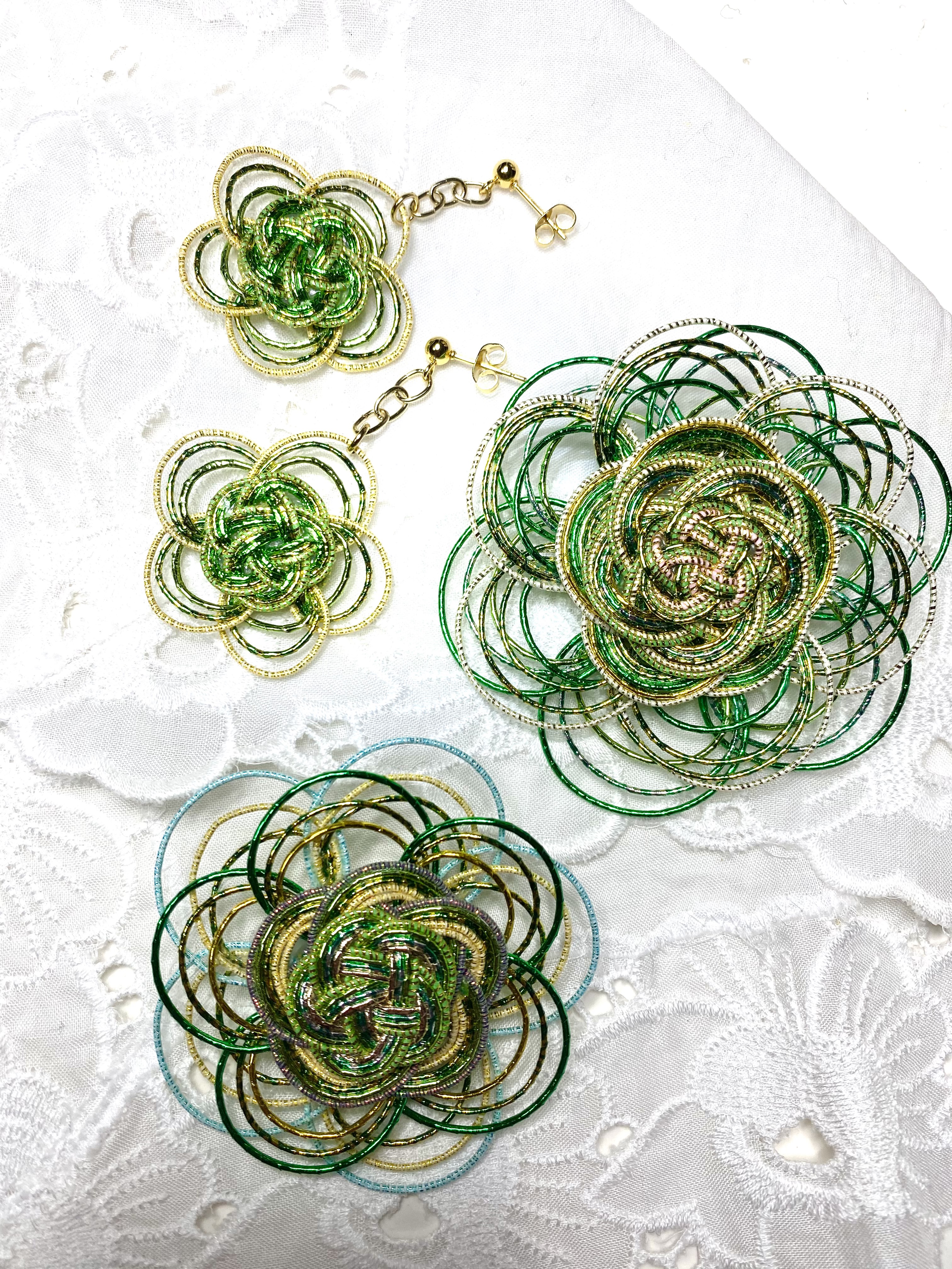 ＃水引アクセサリー3点セット　翠系　　ブローチ２種類とピアス　入学式、お勧めです 4,675円