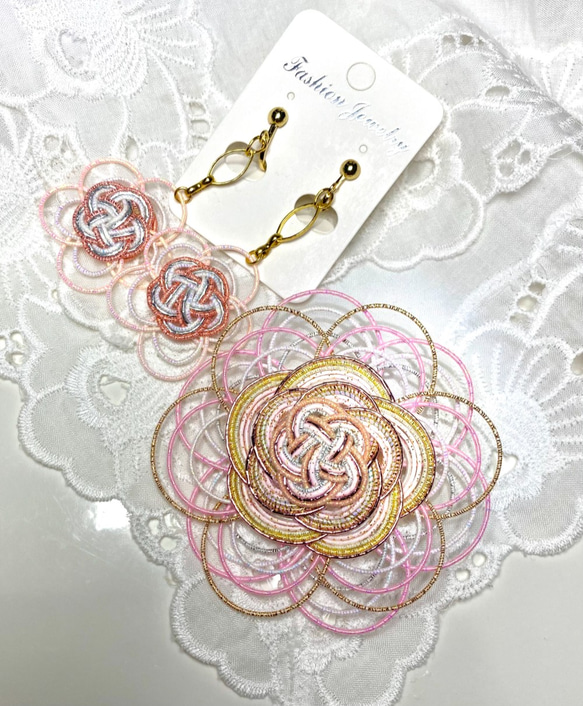 水引アクセサリーセット ＃桜色 イアリングとブローチお揃いです