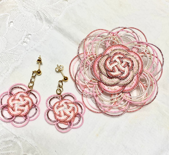 水引アクセサリーセット 桜色 ピアスとブローチお揃いです ＃晴れの場