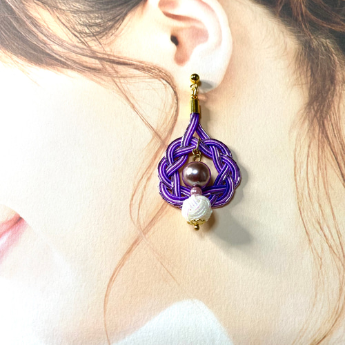 揺れる水引ピアス 相生結びと玉結び ＃紫色 ピアス（スタッド・一粒