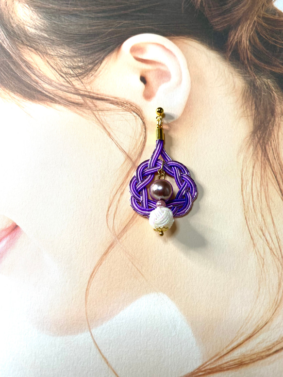 揺れる水引ピアス 相生結びと玉結び ＃紫色 ピアス（スタッド・一粒