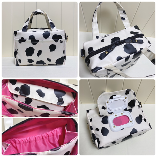 収納しやすい ミニポーチ 一体型 蓋付 ラミネート牛柄 ダルメシアン柄  