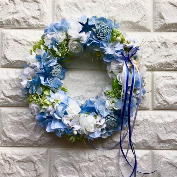 爽やかなブルーflowerリース＊アーティフィシャルフラワー玄関リース夏