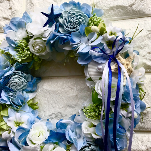 ミストブルー・青と水色のサマーリース☆海と星☆シェル夏☆涼やか