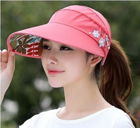 サンバイザー UVカット 帽子 紫外線対策 つば広 花飾り ピンク色  