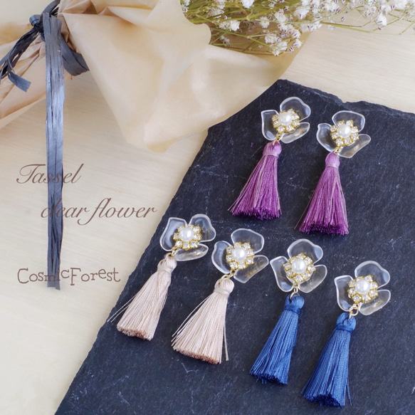 Tassel clear flower ピアス/イヤリング 1枚目の画像