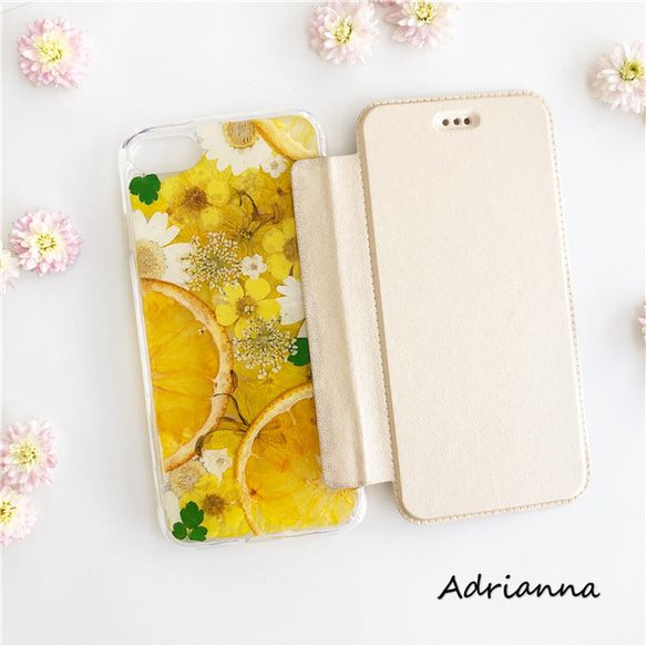 果物と押し花 【手帳型スマホケース】スマホリング iPhoneケース 