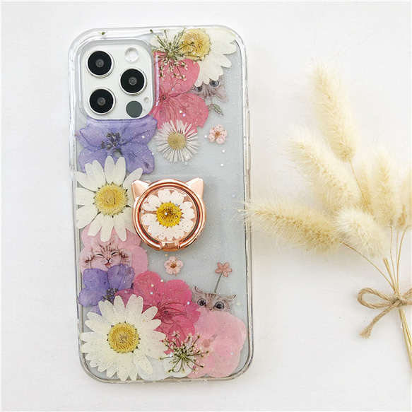 『桜＆猫柄』スマホリング付き iPhone15Pro/SE/Xperia10IV/GALAXYS24 押し花スマホケース 3枚目の画像