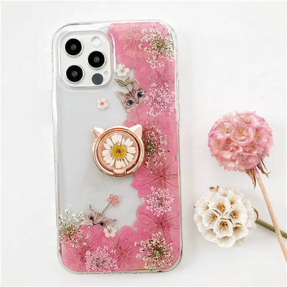 桜と猫 スマホリング  iPhone14Pro/SE/Xperia5IV/GALAXYS23 押し花 スマホケース 3枚目の画像