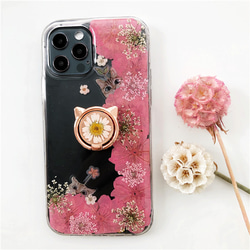 桜と猫 スマホリング  iPhone14Pro/SE/Xperia5IV/GALAXYS23 押し花 スマホケース 4枚目の画像