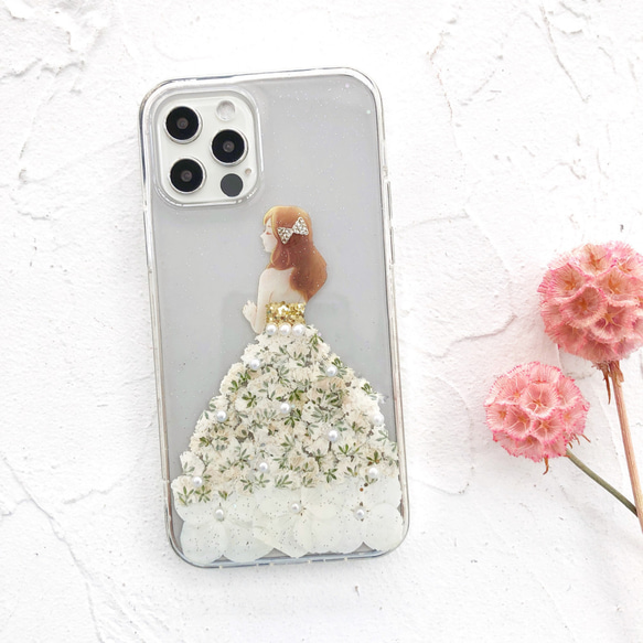 白いドレス iPhone15Pro/SE/Xperia5V/GALAXYS24 押し花ケース iPhone 