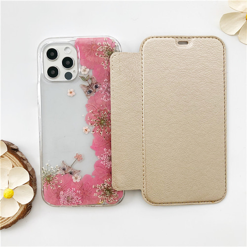 桜＆猫柄』押し花 手帳型スマホケース iPhoneケース iPhone14Pro