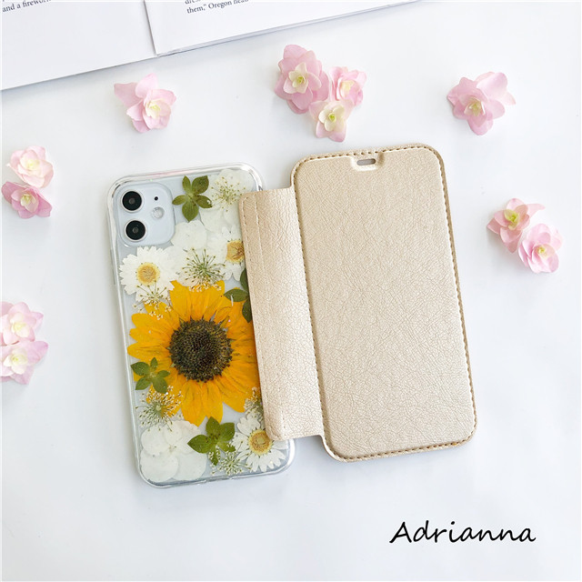 夏咲きひまわり 押し花 【手帳型スマホケース】iPhoneケース