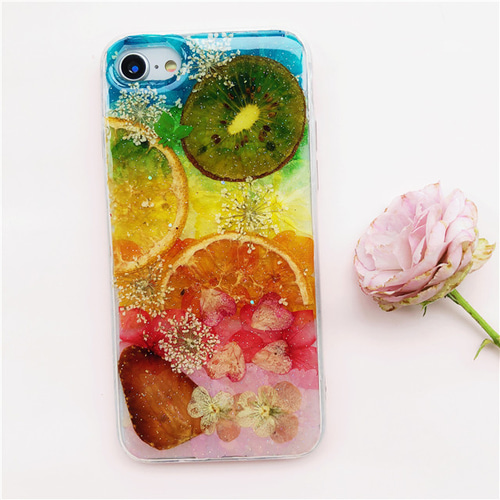 虹色 果物 押し花ケース iPhone15Pro/SE/Xperia5V/GALAXYS24 iPhone 