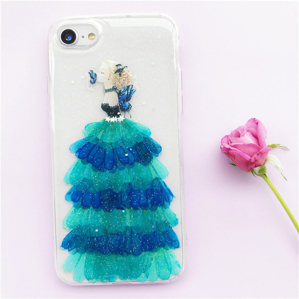 青のドレス iPhone12/SE2/Xperia10II/GALAXYS20+ 押し花ケース iPhoneケース 4枚目の画像