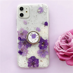 紫陽花と千鳥草 スマホリング付き iPhone14Pro/SE/Xperia10IV/GALAXYS23 押し花ケース 1枚目の画像