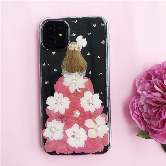 桜のドレス iPhone14Pro/SE/Xperia10IV/GALAXYS23 押し花ケース スマホケース 5枚目の画像