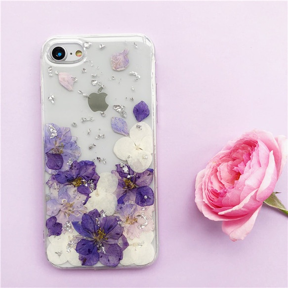 千鳥草と紫陽花iPhone15Pro/SE/Xperia10IV/GALAXYS23 押し花ケース 4枚目の画像