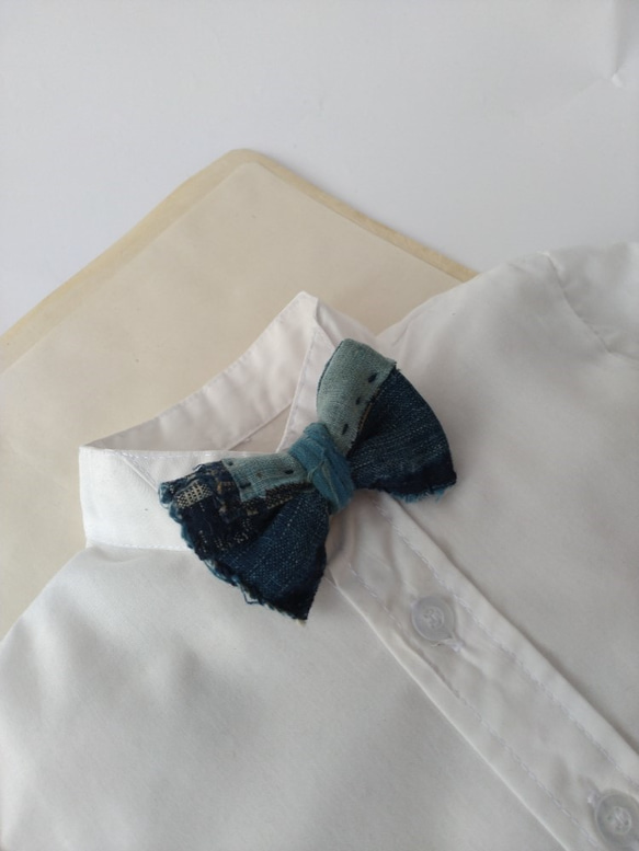 古布の蝶ネクタイブローチ 藍染BORO[K161]　キッズフォーマル　アンティーク着物　bow tie 1枚目の画像