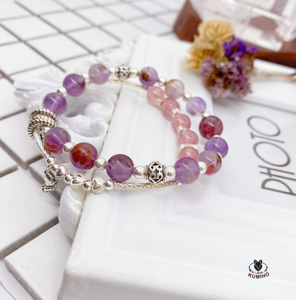 五行手鍊-火花-紫幽，草莓晶，925純銀飾 第2張的照片