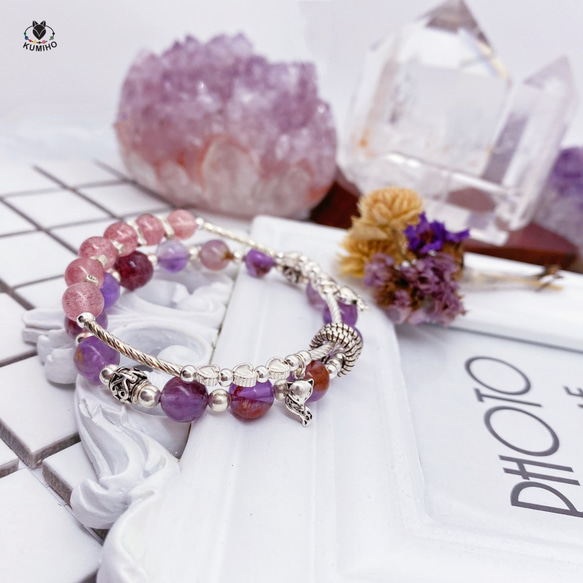 五行手鍊-火花-紫幽，草莓晶，925純銀飾 第5張的照片