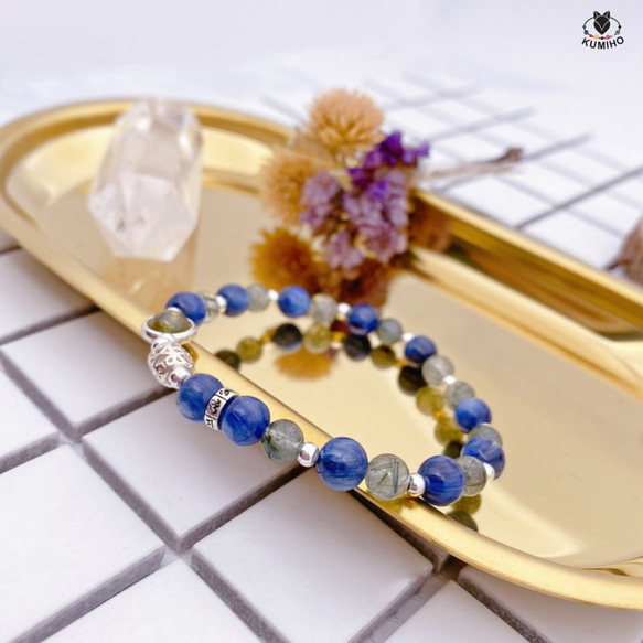 五行手鍊-如意-翠瑠石，藍晶石，綠髮晶，925純銀飾 第5張的照片