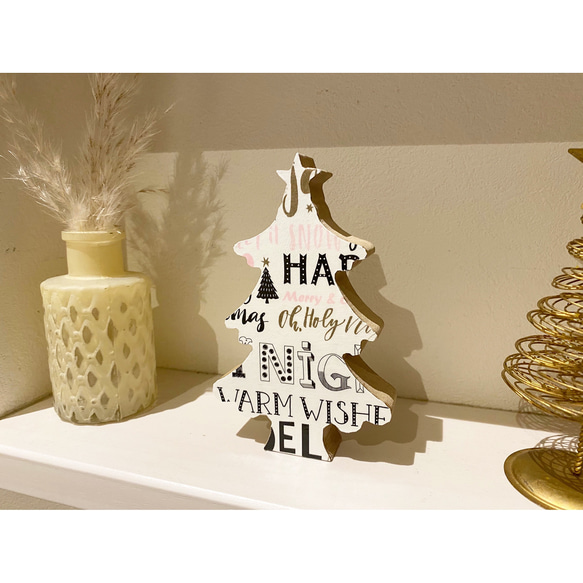 インテリア　ウッドオブジェ　クリスマスツリー①  グリッタークリスマス柄　置物　木製 2枚目の画像
