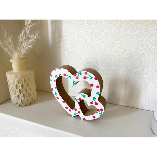 インテリア ウッドオブジェ 2連ハート チェリー柄 置物 木製 その他