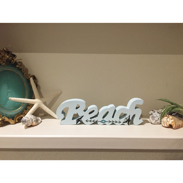 インテリア ウッド オブジェ beach  ライトブルー アロー 置物 木製 1枚目の画像