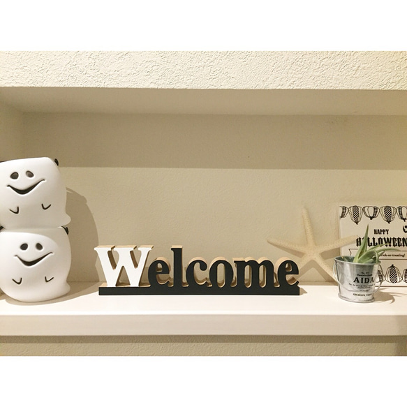 インテリア ウッド オブジェ Welcome バイカラー モノトーン