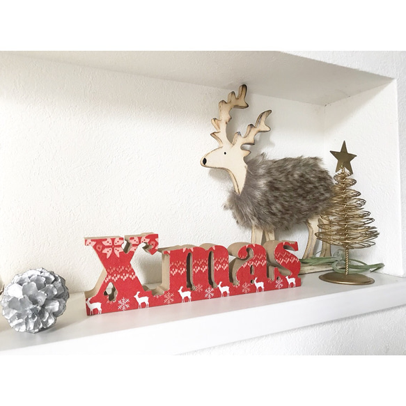 クリスマス アルファベット ウッドオブジェ  X’mas ② ノルディックレッド柄 置物 木製 2枚目の画像