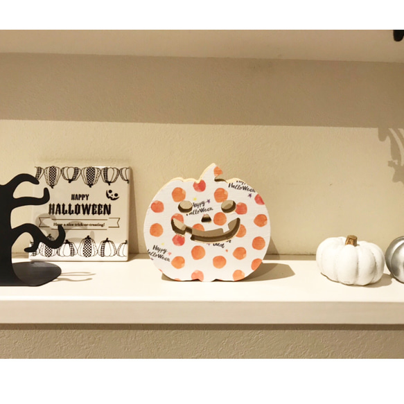 ハロウィン インテリア ウッドオブジェ  かぼちゃ両面 置物 ジャックオランタン 1枚目の画像