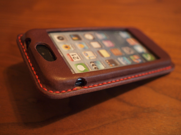 iPhone5 カバー ケース　栃木レザー 牛革　手縫い 焦げ茶 5枚目の画像