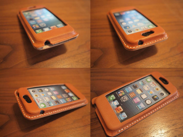 iPhone5 カバー ケース　栃木レザー 牛革　手縫い オレンジ 3枚目の画像