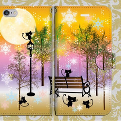 【全機種対応】手帳型スマホケース  黒猫たちの冬の公園 1枚目の画像