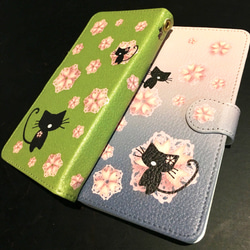 【中面白無地】手帳型スマホケース 汎用型　桜猫◆3色団子色 3枚目の画像