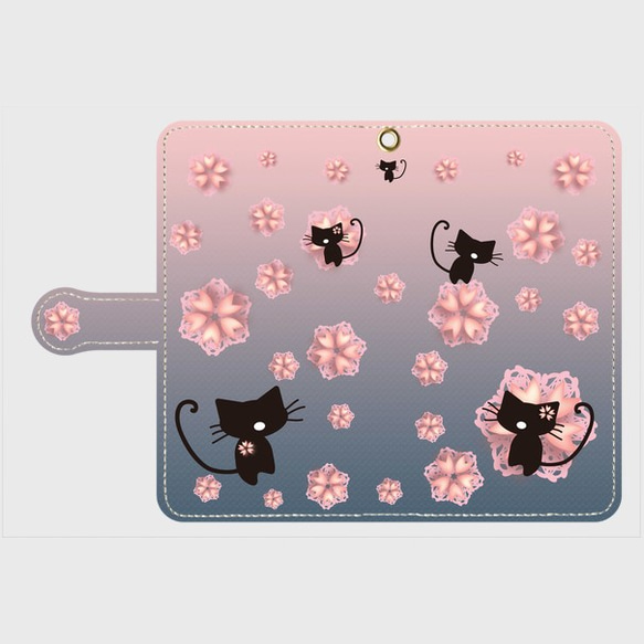 【中面白無地】手帳型スマホケース　全機種対応　桜猫◆墨桜色 2枚目の画像