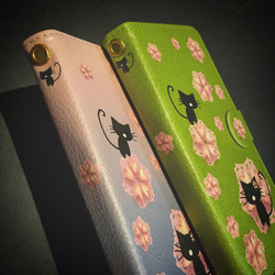 【中面白無地】手帳型スマホケース汎用型　桜猫◆よもぎ色 6枚目の画像
